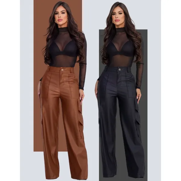 Calça Pantalona Wide Leg Reta Cargo Couro Fake Cintura Alta Moda Gringa Bolso Lateral