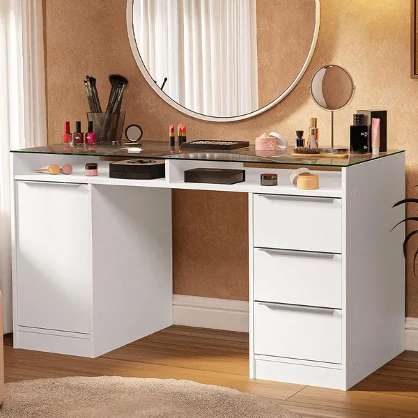 Escrivaninha Penteadeira 136cm 1 Porta 3 Gavetas Tampo de Vidro Branco Madesa