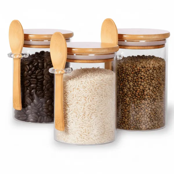 Pote Hermético De Vidro Colher em Bambu 970ml 750ml 550ml Redondo