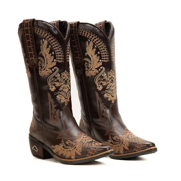 Bota Texana Feminina Preta Confortável Bordada Tribal Couro Mustang Country Urbano Estampa Exclusiva