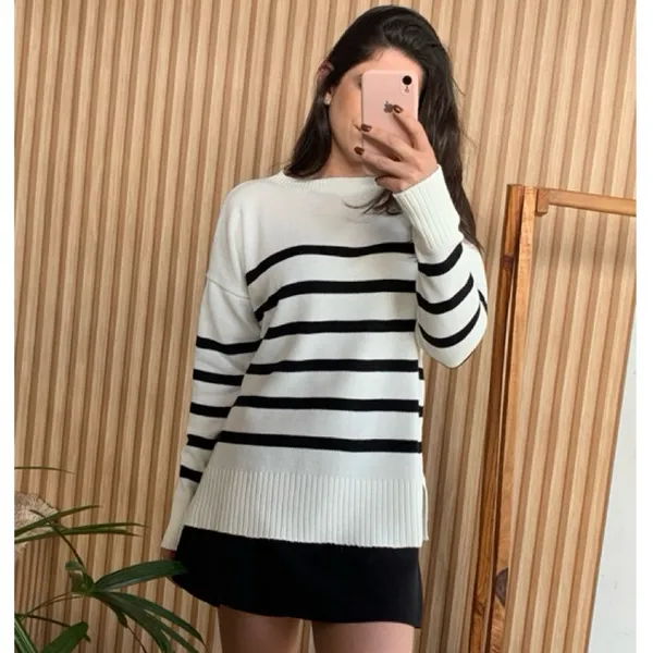 Blusa Tricot listrada manga longa moda tricô oversized