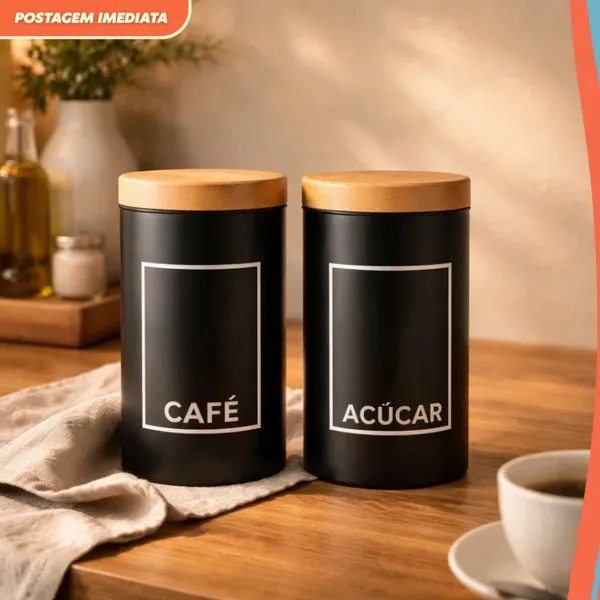 Potes Herméticos  Café e Açúcar Preto com Tampa Efeito Bambu Porta Mantimentos Cozinha Premium