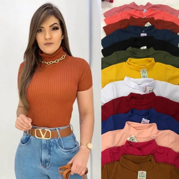 KIT 3 Blusa Feminina Canelada Gola Alta Com Manga Curta
