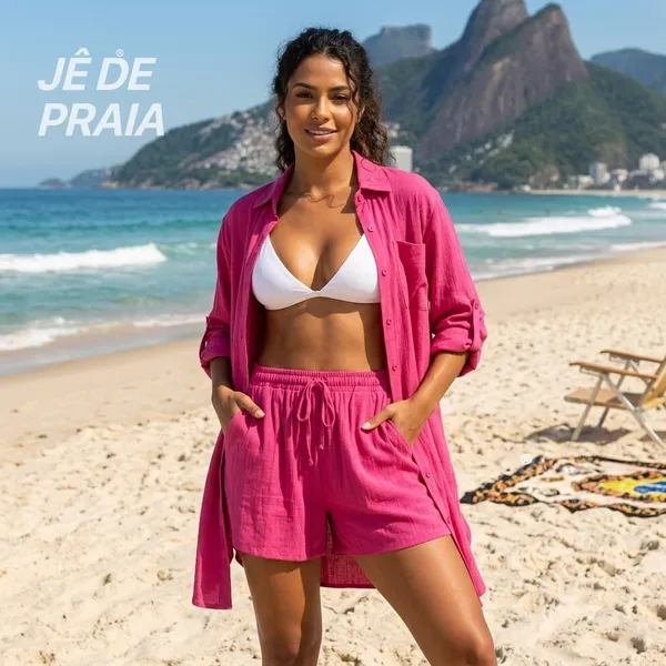 Conjunto 2 em 1 de linho camisa estilosa + shorts de yoga saída de praia respiráveis moda tamanho grande Fitness yoga