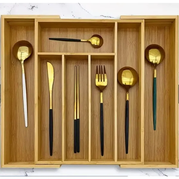 Porta Talheres Gaveta Bambu 7 Divisórias Extensível Ajustável Organizador Talheres Madeira
