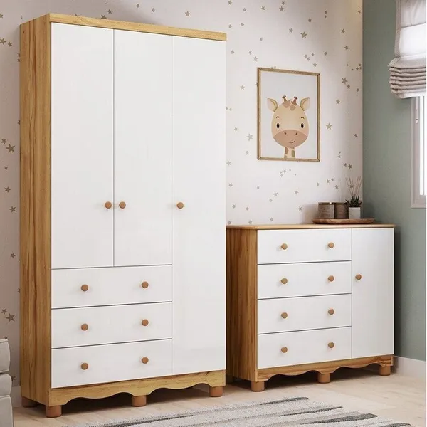 Quarto Infantil Guarda-Roupa 3 Portas e Cômoda 1 Porta 100% MDF Mimo Espresso Móveis Branco/Amêndoa
