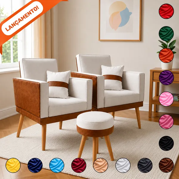 Kit 2 Poltronas Decorativa Para Sala Lis Almofada Puff Redondo Corino Peroba Suede Aninha Poltronas