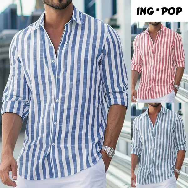 Camisa Social ​Masculina Casual Bloco de Cores Verão Manga Longa Com Listras E Linho Gola Botão
