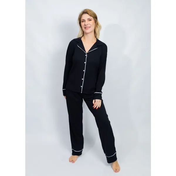Pijama Feminino Americano Longo Botões Frente Algodão Pós-cirúrgico Amamentação Inverno - Preto