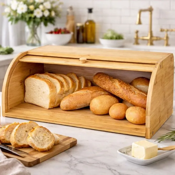 Porta Pão Grande Com Tampa Retrátil Em Madeira Organizador De Cozinha.