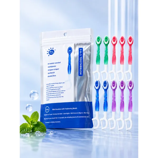 Escova de Dentes de Viagem Descartável 5 em 1 com Pasta em Grânulos e Fio Dental –12 Unidades