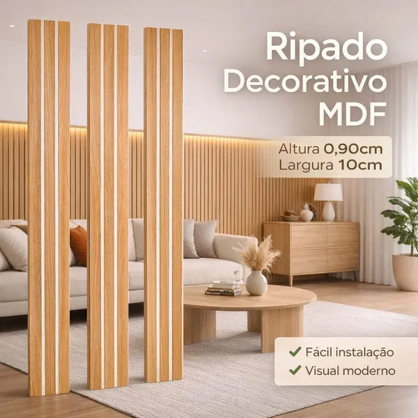 Kit Até 40 Placas Ripado Grande MDF Premium 90x10 Painel Parede Decorativo Autocolante Sala Quarto