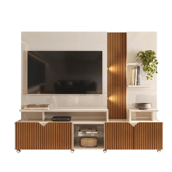 Estante Home Teather para TV até 55 Polegadas com LED Ripado Impressão 3D 2,10m Cross Off White Pero