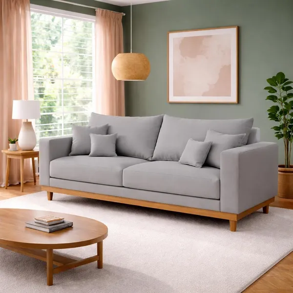 Sofá 3 Lugares Living Com Base Madeira Linho Balaqui Decor
