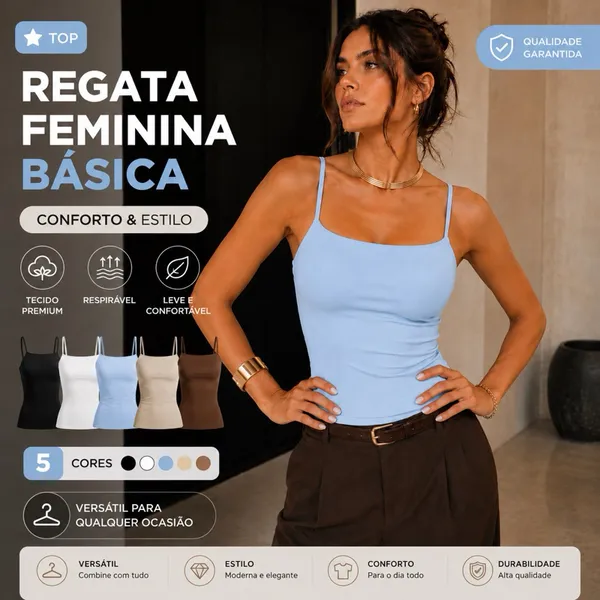 Blusa Feminina Regata Alcinha Casual alça fina Confortável Poliamida toque macio Com Forro