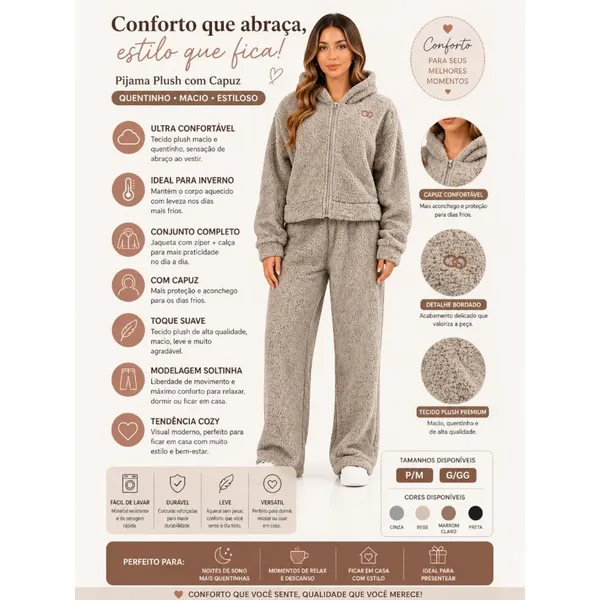 Conjunto Feminino Inverno Teddy Plush Com Capuz Moda Feminina Casual Confortável Quentinho Tendência (Jaqueta + Calça)