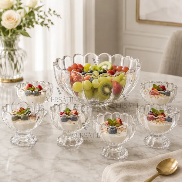Jogo 7 Peças Wolff Sobremesa 6 Bowls 125ml e 1,1L Mesa Posta Requintada Transparente Luxo Geneva Taças