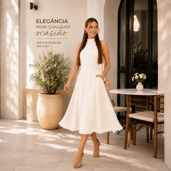 Vestido Feminino Midi Elegante Gola alta Ziper nas Costas Linho Misto