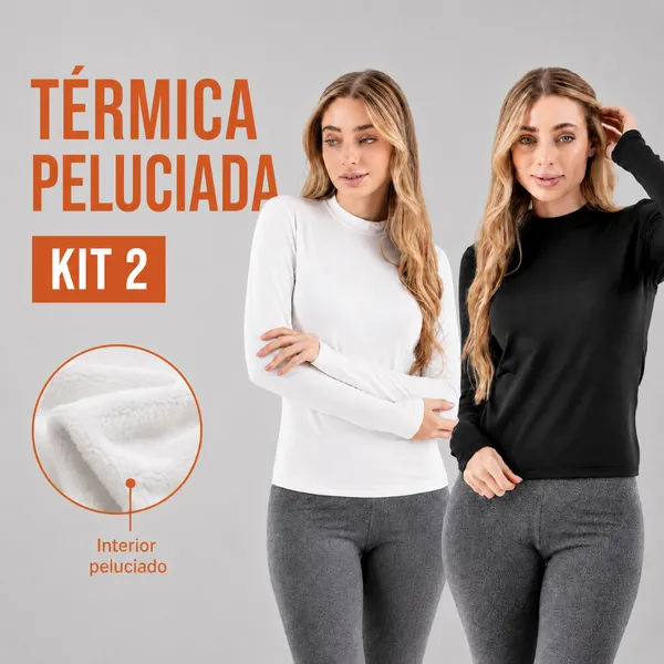 KIT 2 Blusa Térmica Peluciada Feminina Segunda Pele Inverno Frio Quentinha Básica Confortável