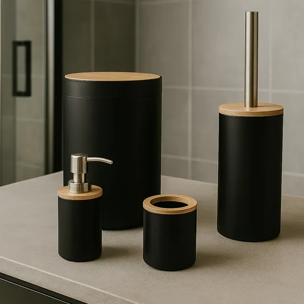 Kit Banheiro Conjunto 4 Peças Completo Lixeira Bambu Escova Sanitária Moderno Lavabo