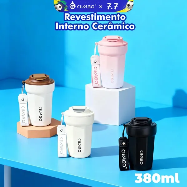 Civago Copo Térmico  380mL Garrafa Térmica Café Chá bebida gelada Revestimento Interno Cerâmico Com Tampa Quente/Frio