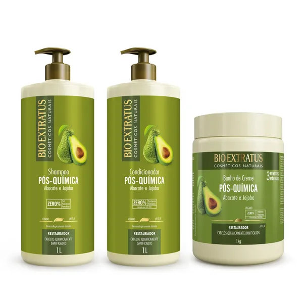 Kit Pós Química Shampoo Condicionador e Banho de Creme Bio Extratus 1L Tratamento Restaurador