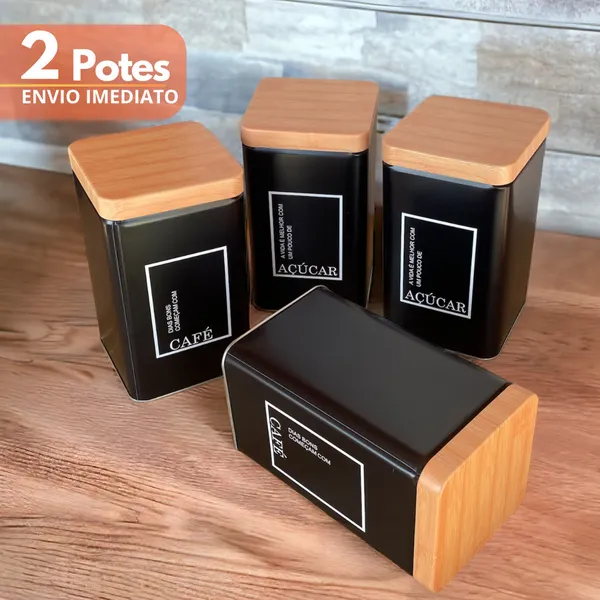 Kit 2 Latas Pote Café e Açúcar Porta Organidor de Cozinha Mantimentos Multiuso Metal Casa