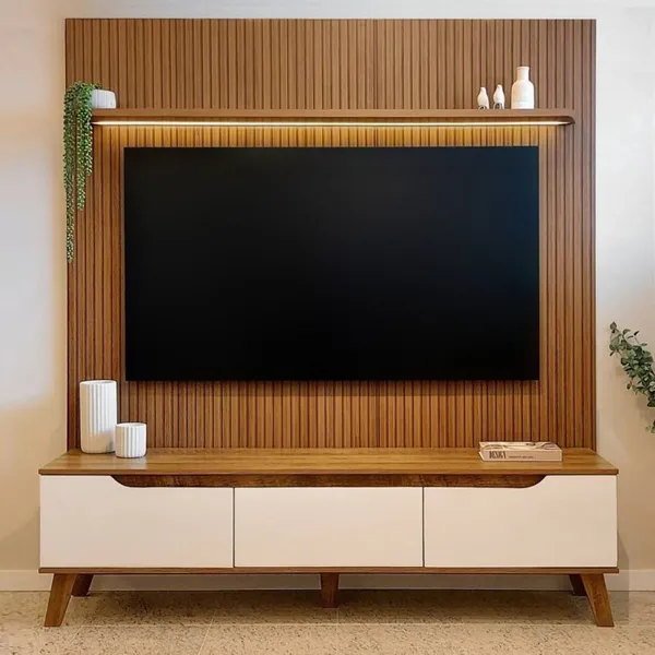 Rack com Painel Ripado para TV até 75 Polegadas com LED MDF 185,5CMX183CM Impressão Ripada 3D Liverpool Marrom