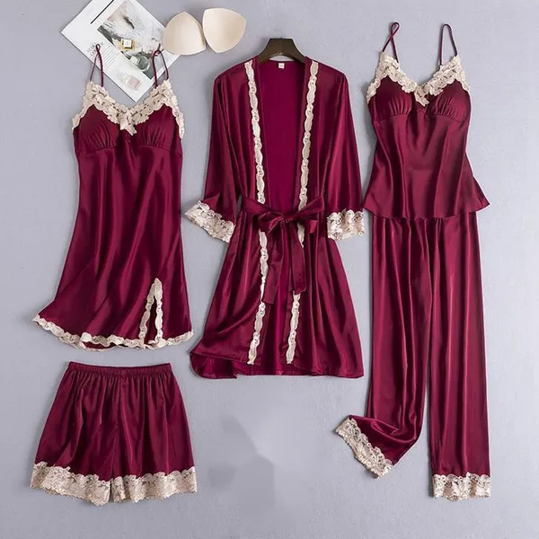 Moda 5 Peças Conjunto Pijama Feminino com Renda em Seda Sleepwear