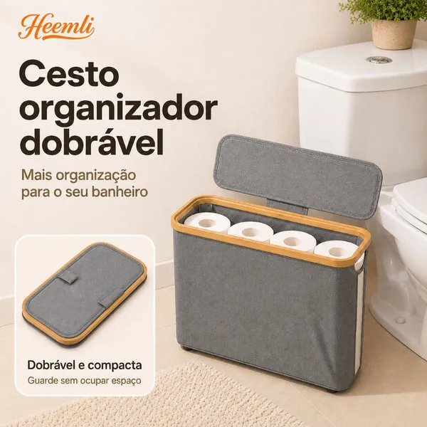 Cesto Organizador Dobrável com Tampa e Visor para Banheiro Quarto Guarda Roupa Heemli