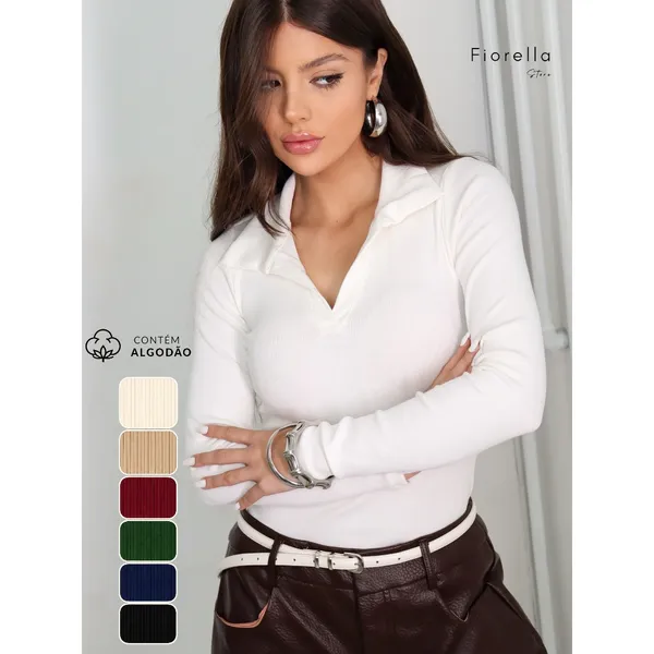Blusa Feminina Canelada Manga Longa Gola Polo Básica Inverno