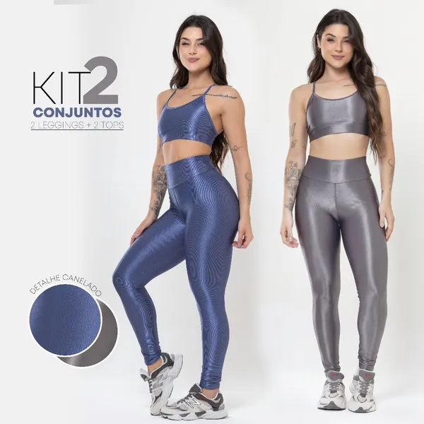 Kit 2 Conjuntos Fitness Feminino Trilobal Brilhoso Canelado – Top + Legging Cós Alto Modelador Premium
