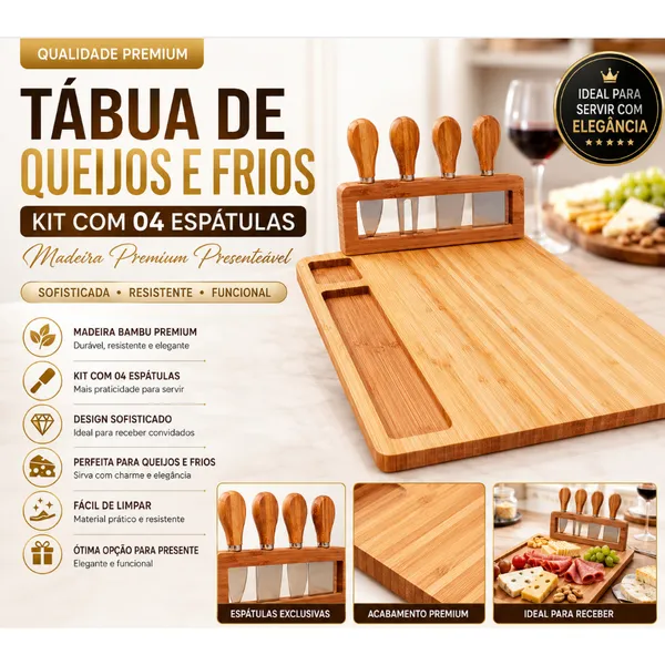 Tábua de Queijos e Frios com 04 Espátulas Madeira Presenteável
