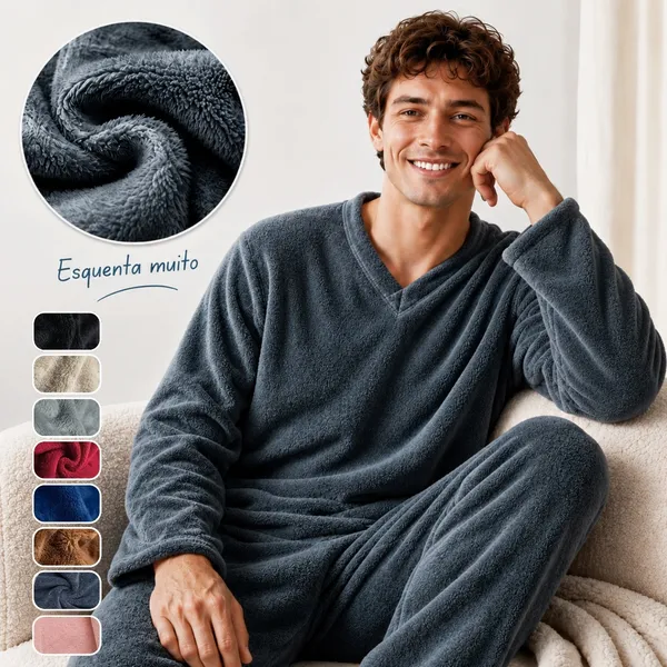 Pijama Peluciado Masculino Quentinho Fleece  200g Gola V para Outono e Inverno