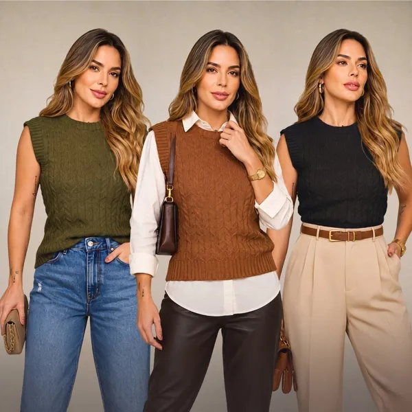 Kit 2 Coletes Femininos Colete Regata Tricot Trançado Coletinho Feminina Trico Modal Moda Outono Inverno Terceira Peça