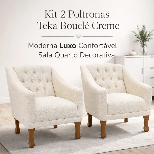 Kit 2 Poltronas Teka Bouclé Creme 🤍✨ Luxo Confortável Sala Quarto Decoração