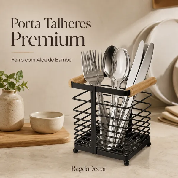 Porta Talheres de Ferro com Alça Bambu - Design Moderno, Resistente, Compacto e Pronto Entrega