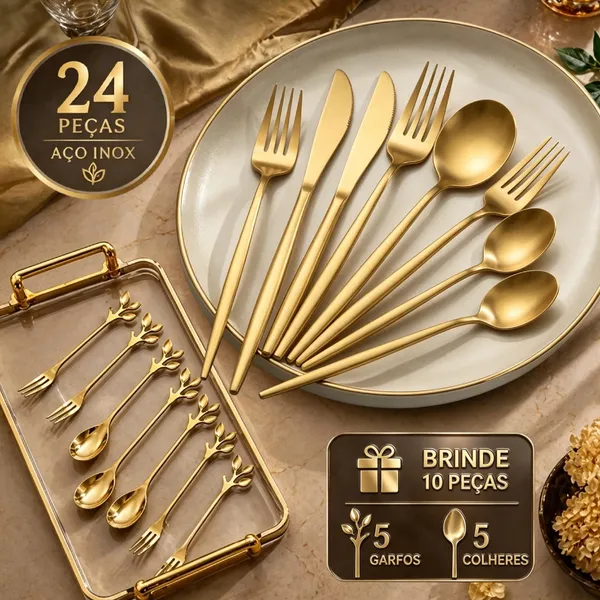 Kit 24 Peças Talheres Inox Dourado + 10 Peças Brinde Resistente Premium Jogo Completo para Cozinha e Jantar