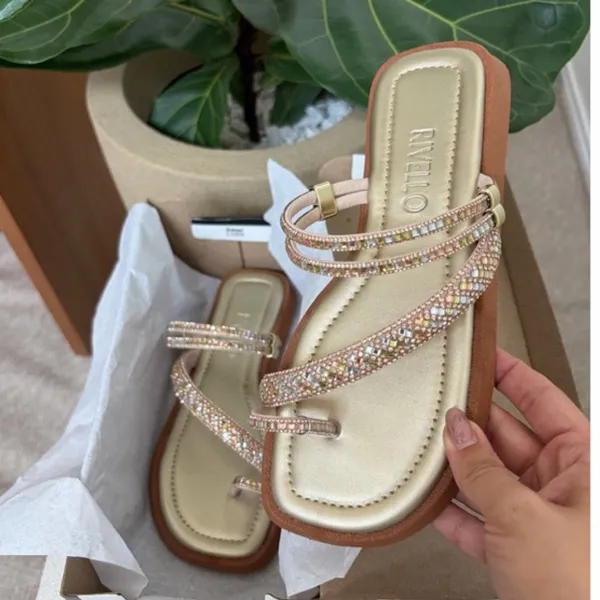Rasteira Feminina Rivello com Strass e Brilho Casual Confortável