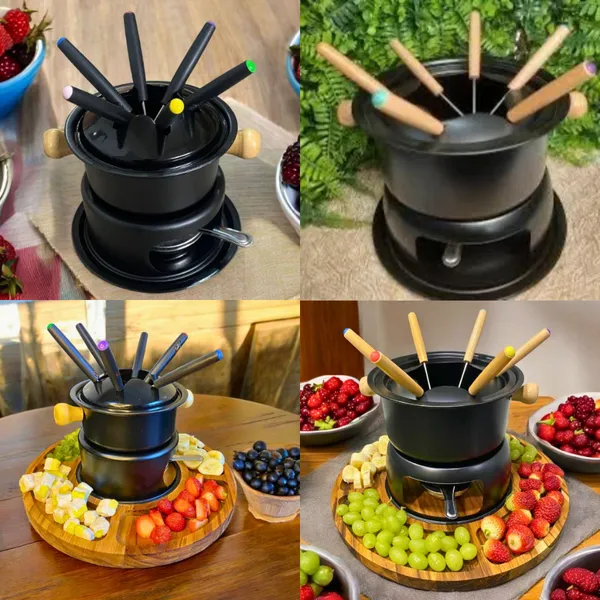 Conjunto Aparelho De Fondue Panela Carne Queijo Chocolate Serve 6 Pessoas Com Opção  Madeira Petisqueira