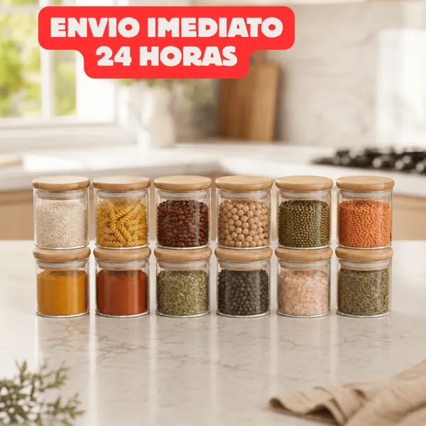 Kit 12 Potes de Vidro 200ml com Tampa de Bambu Hermético Mantimentos Condimentos Empilhaveis