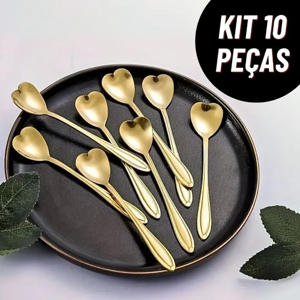 Kit 10 Colheres Coração Fofa para Cozinha, Mesa Posta, Douradas para Café, Sobremesa e Chá em Aço Inoxidável