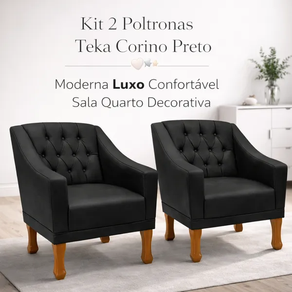 Kit 2 Poltronas Teka Corino Preto 🖤✨ Luxo Confortável Sala Quarto Decoração