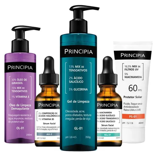 Principia Kit Antiacne Demaquilante Essencial – GL-01 + MIX-01 + Protetor Solar Facial + OL-01 + AH-2