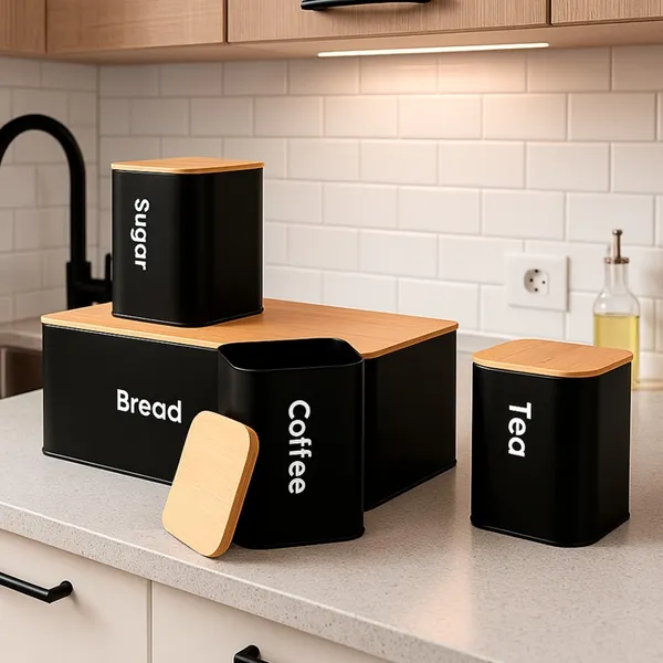 Kit 4 Potes de Metal com Tampa de Bambu – Organizador Hermético para Café, Açúcar, Chá e Pão