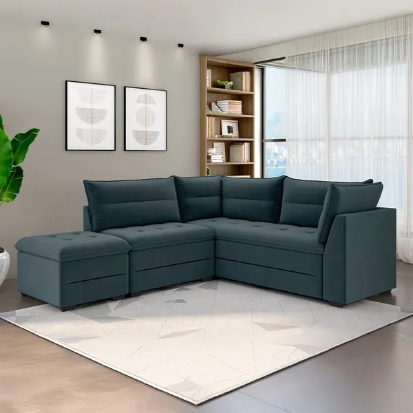 Sofá Modular de Canto 4 Lugares Luizzi Quebec com Pufe e Revestimento em Suede 408cm de Largura