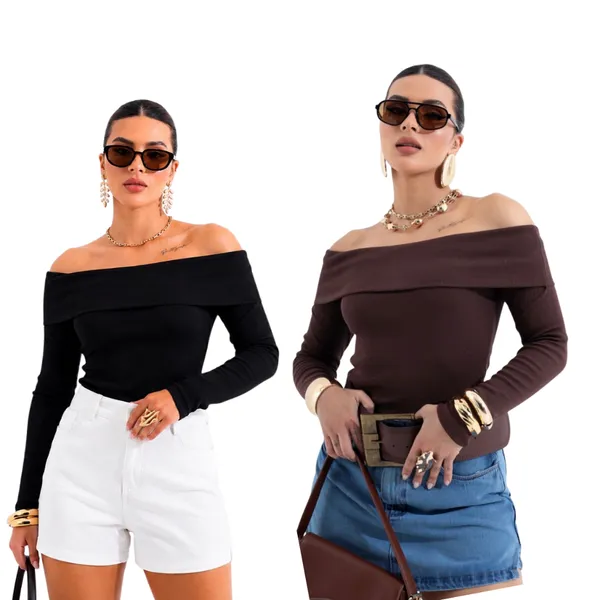 Kit 2 Blusas Feminina Manga Longa Babado Ribana em Algodão Casual inverno ombro a ombro