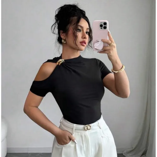 Blusa Feminina Ombro Vazado Com Fivela Dourada Elegante Blusa Feminina Suplex Moda Gringa