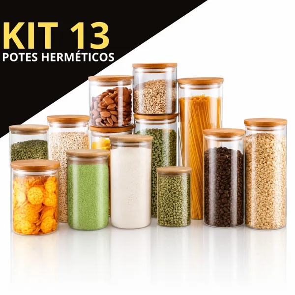 Kit 13 ou 9 potes herméticos de vidro com tampa de bambu para cozinha mantimentos alimentos