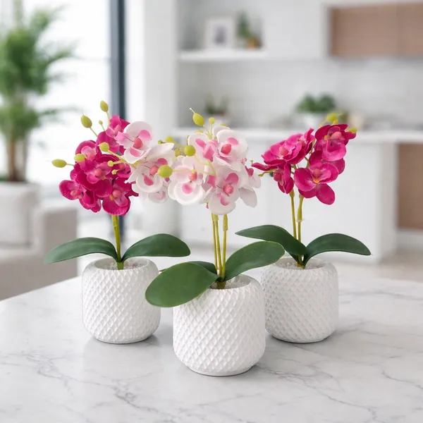 Vasos Decorativos com Orquídea Artificial em Gesso Cerâmico Branco para Sala, Escritório, Casa, Apartamento Decoração